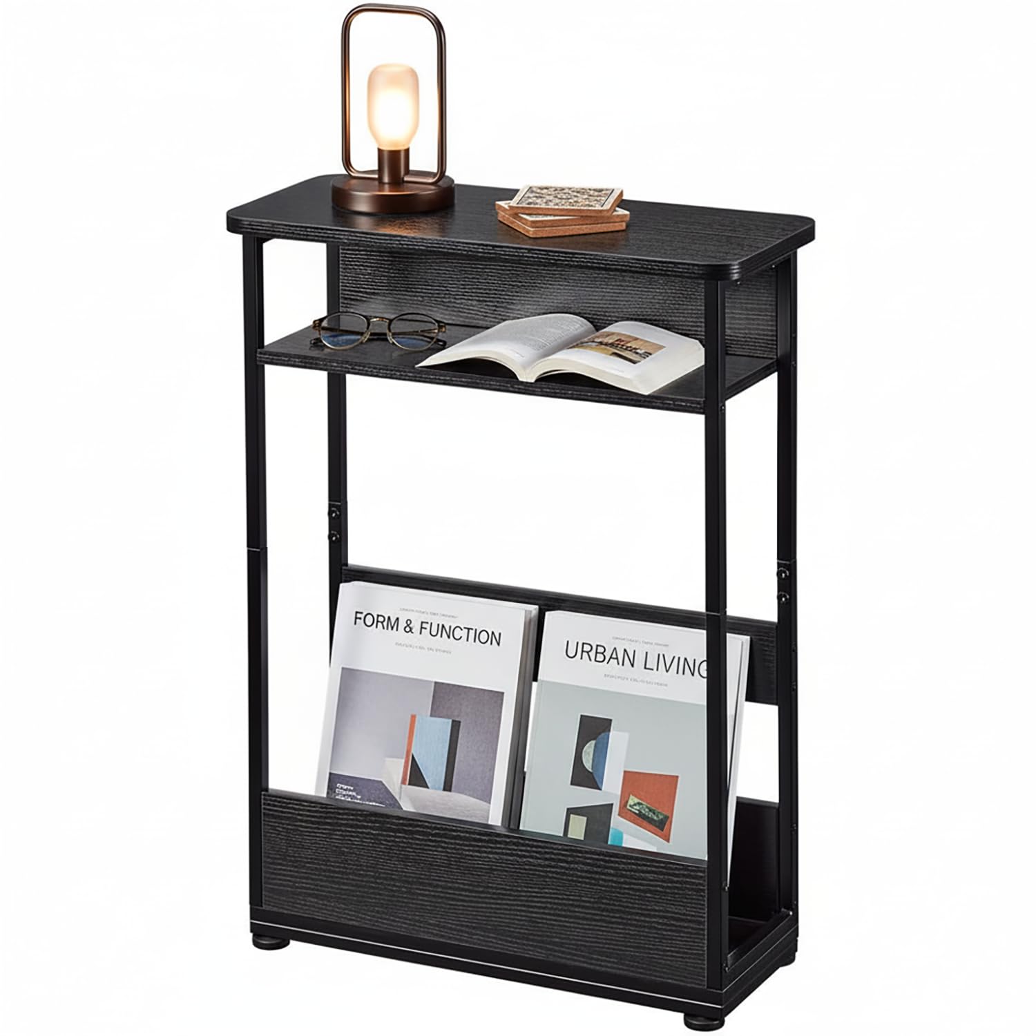 Narrow Side Table,3-Tier Slim End Table with Storage Shelf,Modern Sofa Table Thin Side Table for Narrow and Small Spaces, Skinny Bedside Table Small Nightstand with Magazine Rack Space Saving/Black