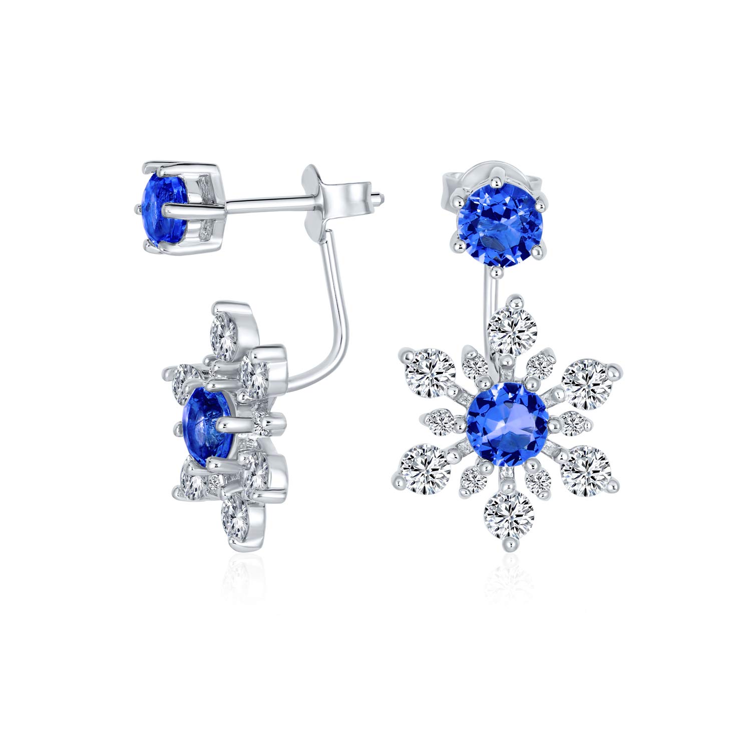 Holiday Party White Frozen Winter Christmas Simulated Blue Sapphire 2 In 1 CZ Ear Jackets Back Front Snowflake Stud Earrings .925 Sterling Silver — image 1