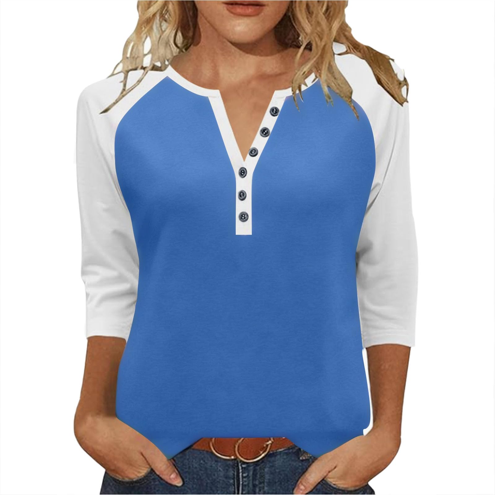 3/4 Length Sleeve Womens Tops Cotton Dressy V Neck