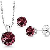 Gem Stone King 14K White Gold Red Rhodolite Garnet Pendant Earrings Jewelry Set For Women | 1.74 Cttw | Gemstone January Birthstone | Round 6MM | with 18 Inch Chain