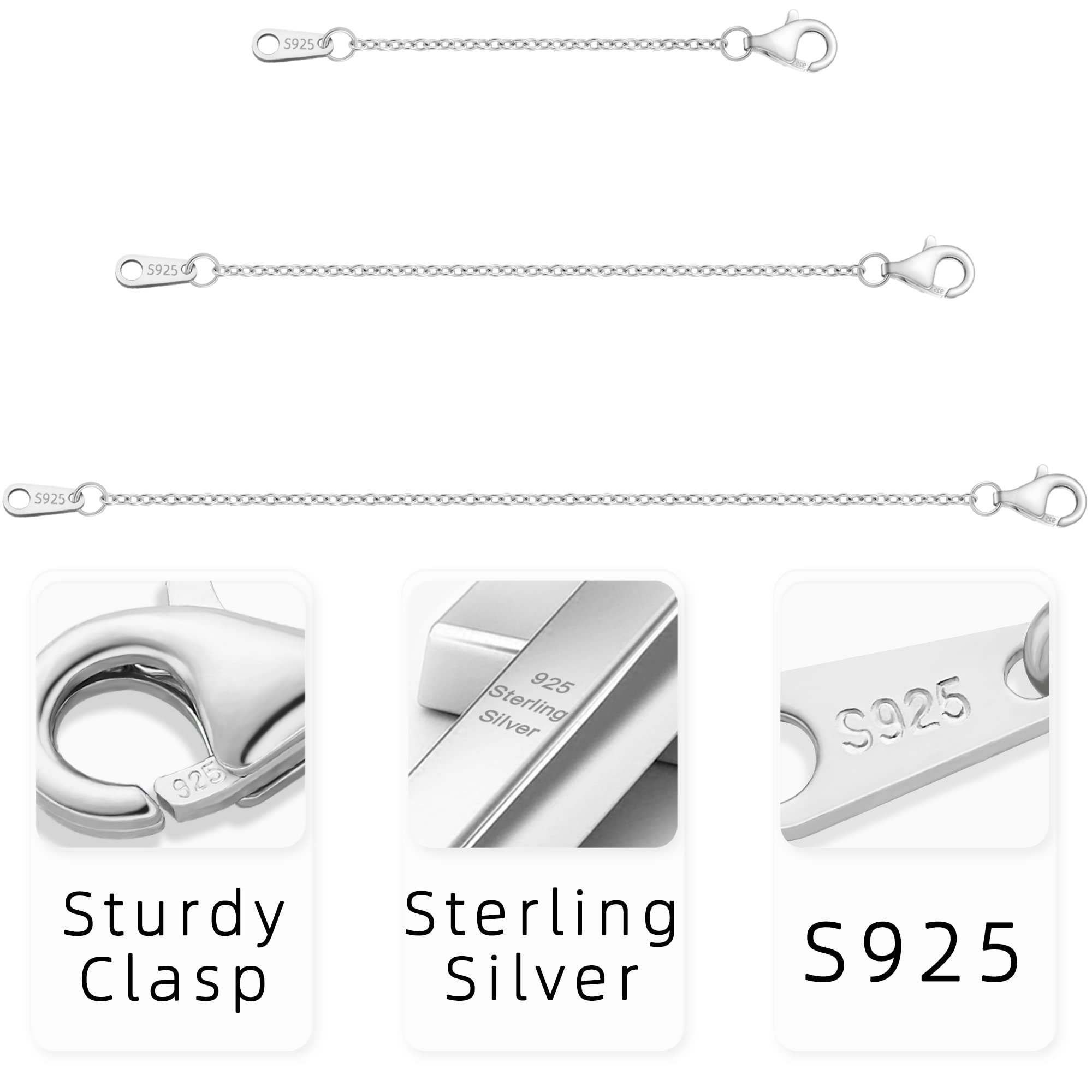 VANBARIS Sterling Silver Necklace Extenders for Women Silver Chain Extension Bracelet Extender Sterling Silver Chain Extenders for Necklaces 3 Piece Set (2, 3, 4 inch)