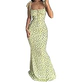 Women Backless Maxi Dress Sexy Sleeveless Spaghetti Strap Floral Bodycon Maxi Dress Cocktail Party Long Dress