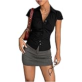 SweatyRocks Women's Ruched Button Down Shirt Short Sleeve Tie Back Fitted Blouses