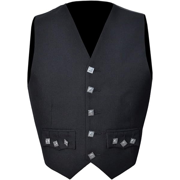 Allsafe Traders Prince Charlie Black Waistcoat/Vest – Formal Kilt Vest With Thistle Buttons, Size 44