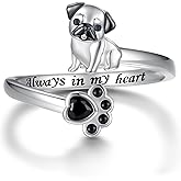 zaxsj Sterling Silver Pug Ring Adjustable Pug Open Ring for Women Hypoallergenic Adorable Puppy Dog Ring Jewelry Gifts for Dog Lovers