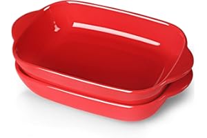 LEETOYI Ceramic Small Baking Dish, Porcelain 2-Piece Rectangular Bakeware with Double Handle, Baking Pans for Cooking and Cake Dinner 7.5"×5 (Red)