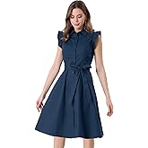 Allegra K Women's Ruffled Sleeve Casual Office Dress Tie Waist Button Down Cotton Shirt Dresses
