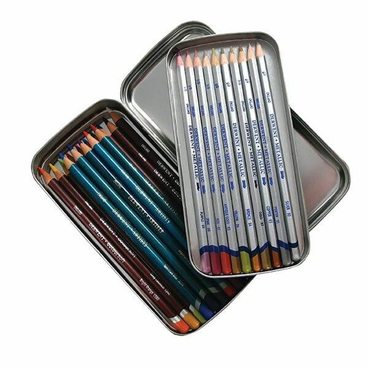 Derwent 2300582 Pencil Tin, Double Layered Storage With Removable Inner Tray, Professional Quality,Silver