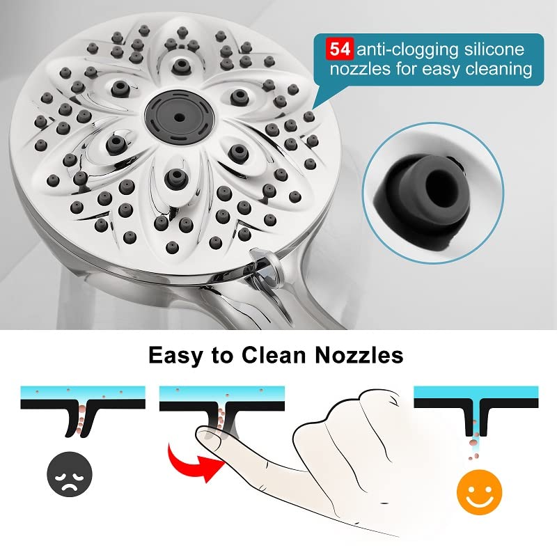 6-Setting Shower Head with Handheld, JDO High Pressure Hand held Shower Head, 4.7 Inch Chrome Detachable Showerhead Set with 59 Inch Stainless Steel Hose and Adjustable Showerhead Holder