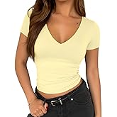 ForeFair Womens Casual V Neck Short Sleeve T Shirts Going Out Tops Double Lined Slim Fitted Summer Basic Tee