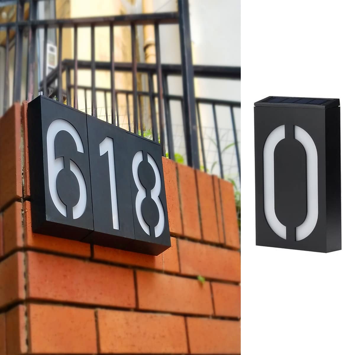 TINYOUTH Solar House Number - Number 0, Door Number Plaques Light for Wall, 6 LED House Numbers Plaque with Lights, IP55 Waterproof House Finder for DIY House Sign