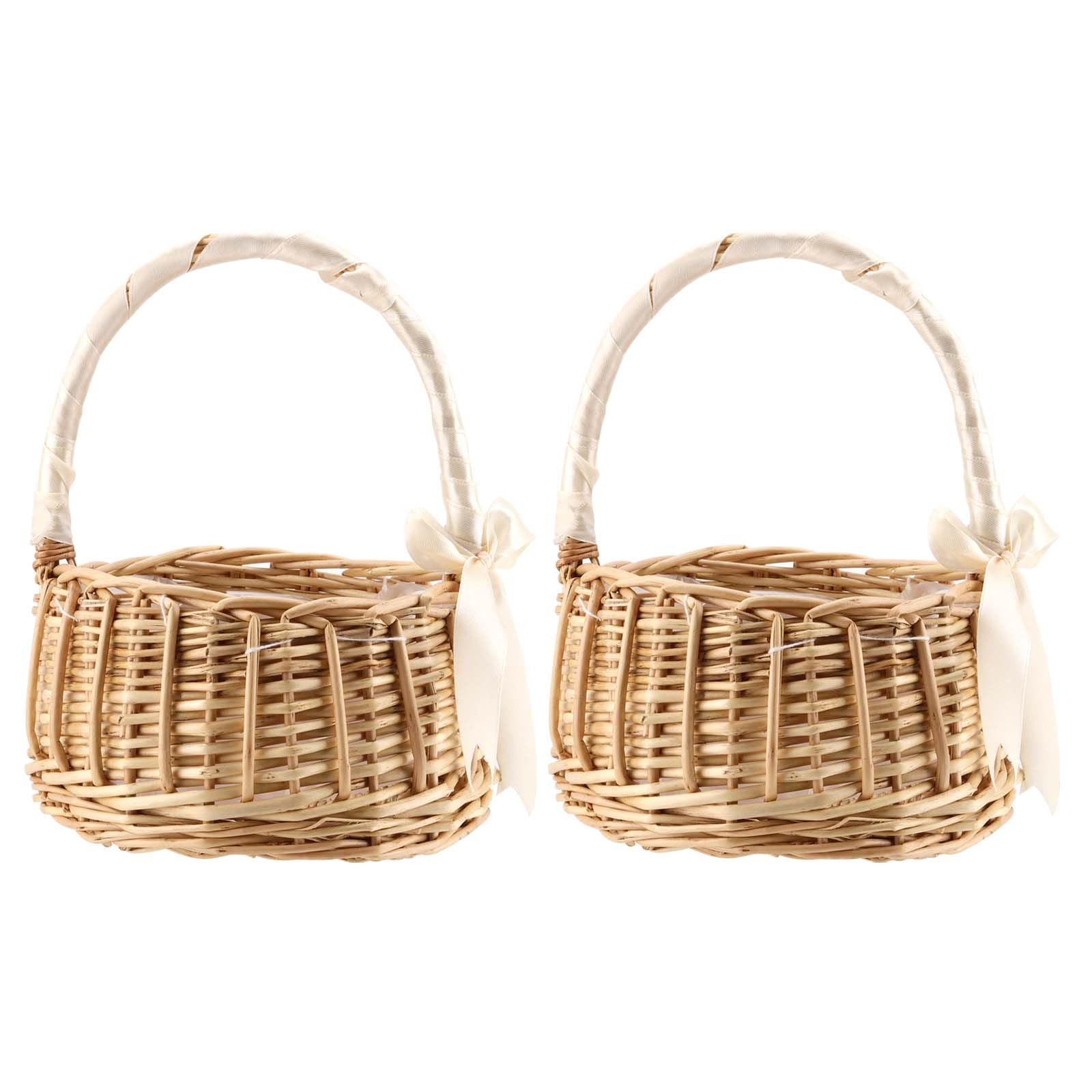 HEIHAK 2 Pcs 15 × 19cm Rattan Flower Basket, Flower Girl Basket with Handles and White Ribbon, Willow Handwoven Basket Wicker Woven Eggs Candy For Wedding Party