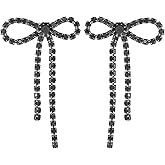Rhinestone Bow Tassel Ribbon Statement Earrings, Boho Bow Dangle Earrings for Women, Stainless Steel Sparkly Jewelry Gift for Weddings Parties
