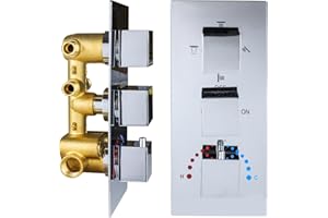 HOMEDEC Brass 4 Ways Shower Diverter Valve, Thermostatic 4 Outlets 3 Handles Control Shower Mixing Valve Trim Kit Replacement, Rough In, Chrome