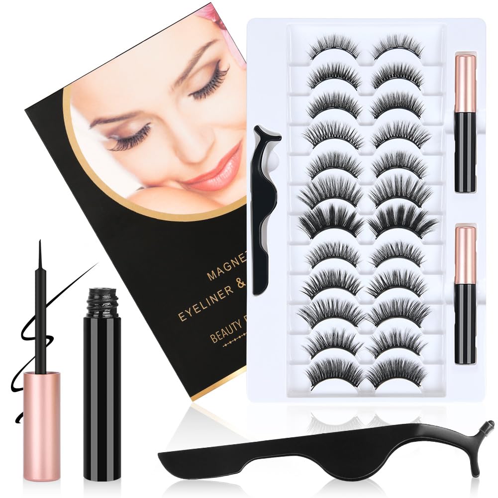 Magnetic False Eyelashes - 12 Pairs Reusable Thick Faux Mink 3D Curly Lashes Kit for Natural Look