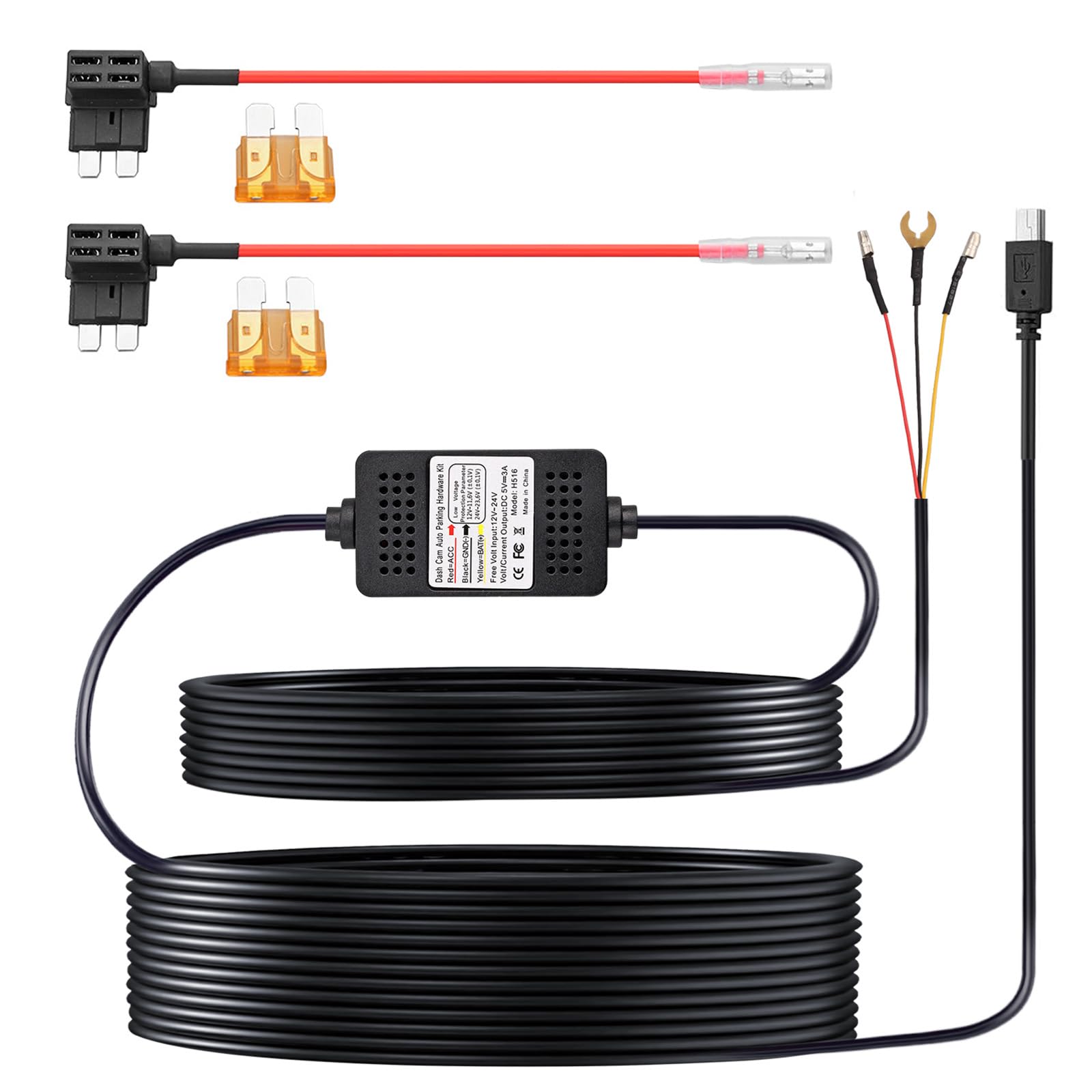eSynic 3 Wire Mini USB Dash Cam Hardwire Kit 3.5m/11.5ft 12V-24V to 5V Dash Cam Hardwiring With Low Voltage Protection ACC Mode Function With 2*Medium ACU Fuse Holder & 2*5A ATC Fuse for Dash Cam etc