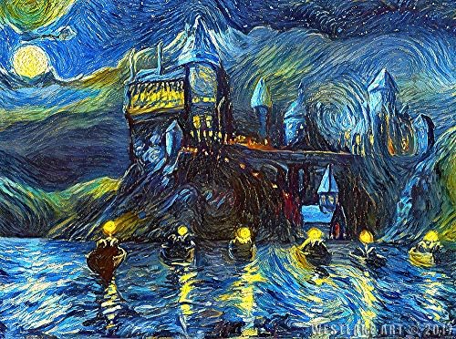Westlake Art Starry Night Castle Night Boats Wall Art Print Van Gogh Magical Merchandise Modern Abstract Artwork for Home Room Decor - 11x17 inch Unframed