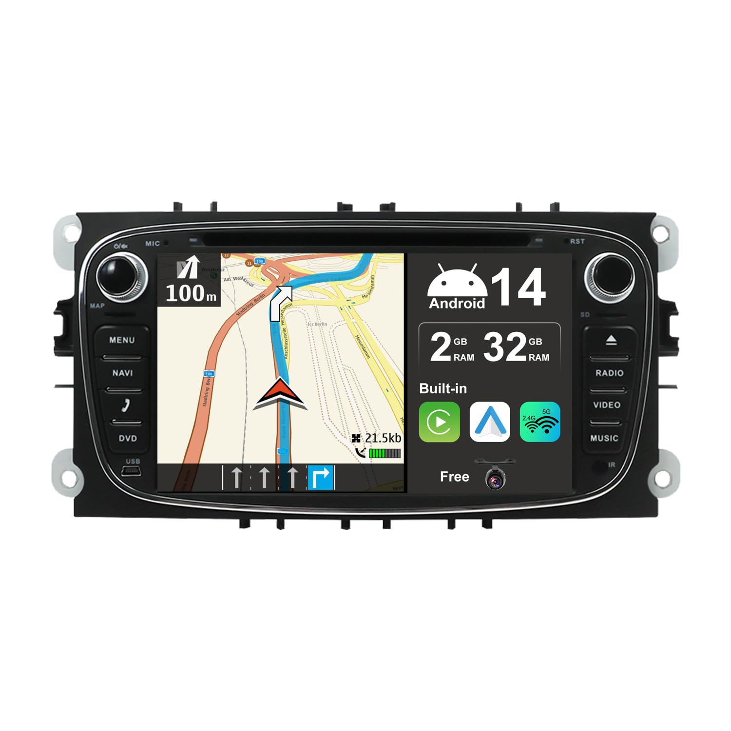 JOYX Android 12 Car Stereo For Ford Focus/Mondeo/S-Max/C-Ma/Galaxy) - Built-in Carplay + Android Auto - 2G+32G - Rear Camera + MIC FREE - 7 Inch 2 Din - Steering Wheel DAB Fast-boot WIFI Split-SCreen