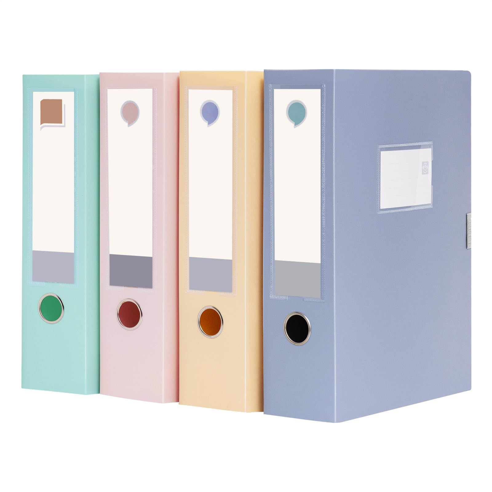 komstuon Box Files A4, 4 Pack Box File, 75mm Spine, Colored Plastic Filing Boxes for Paperwork, Folding Document Storage Organiser for Office School Home (Light Colours)