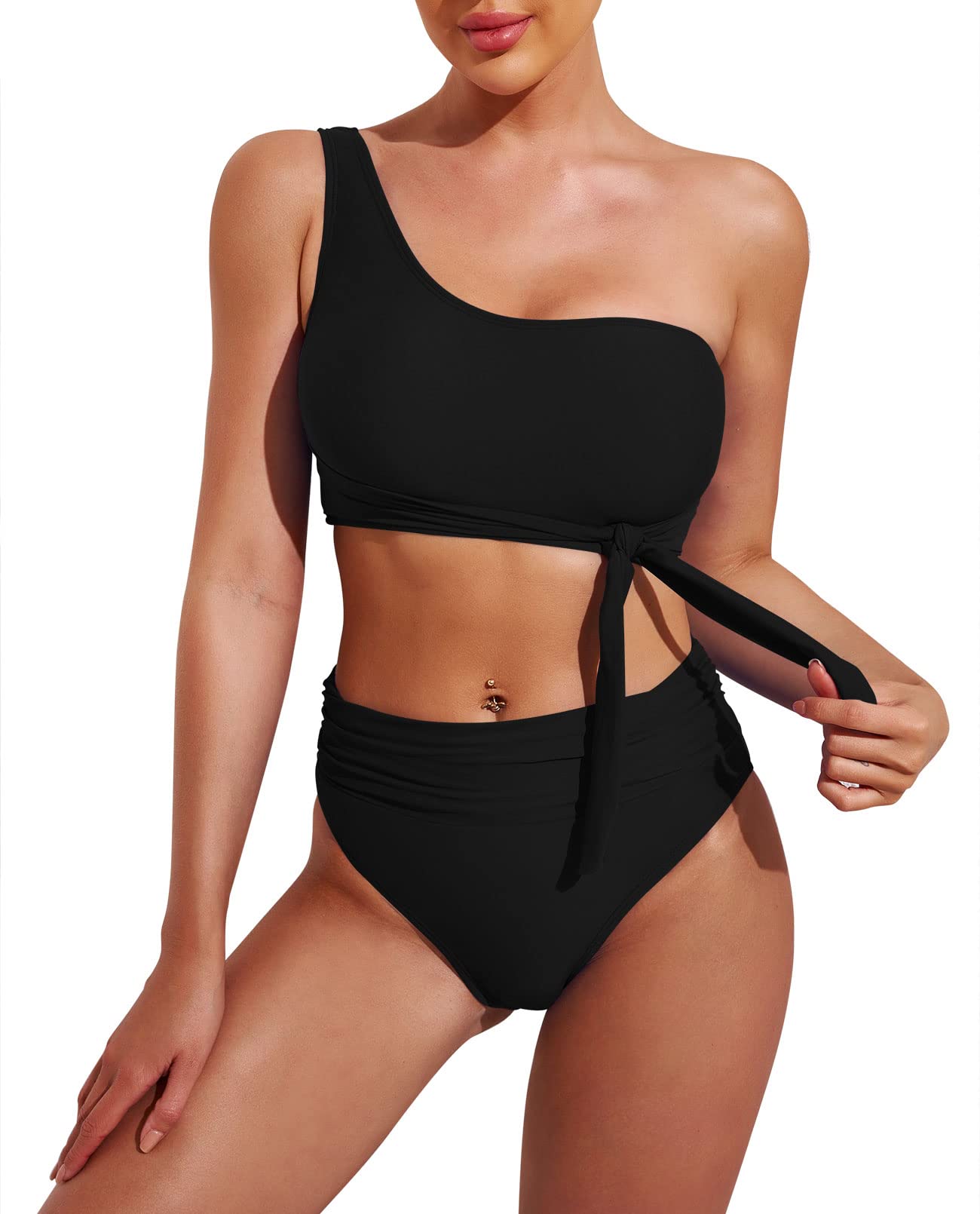 Photo 1 of Pink Queen Women's 2 Piece One Shoulder Swimsuit Bathing Suit High Leg Tummy Control Bikini Bottom Black L