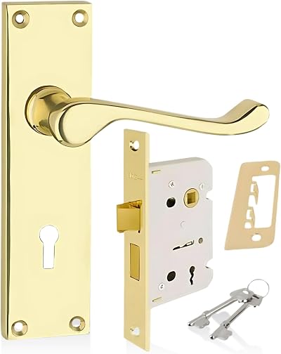 HANDLESTORE Victorian Scroll Lever Door Handles on Backplate Polished Brass Pair