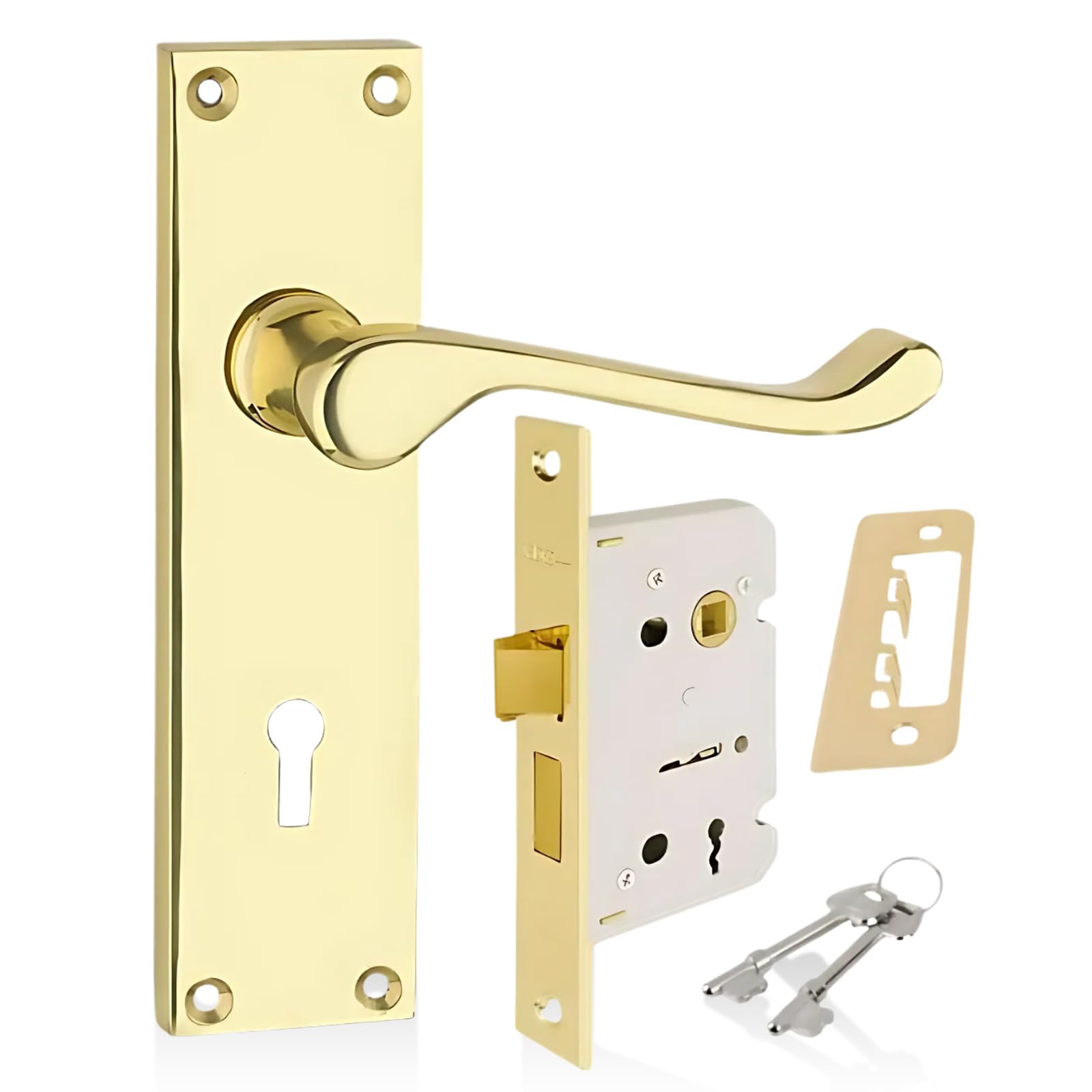 HANDLESTORE Victorian Scroll Locking Lever Door Handle on Backplate – Polished Brass Interior Handles with 2.5" Mortice Sash Lock & Screws (Pair)