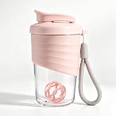 kuoleopa Protein Shaker Bottle, Pink 14 oz | Leak-Proof with Non-Slip Silicone Grip, Mixing Ball, Detachable Nylon Strap