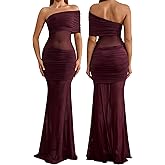 VKIHOC Off Shoulder Bodycon Formal Wedding Guest Maxi Dress Mesh Patchwork Cocktail Dresses for Women 2025 Elegant Classy