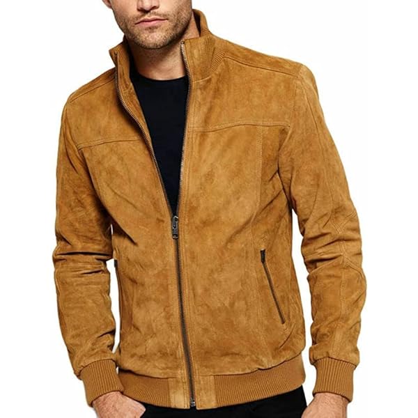 Men's Camel Brown Real Lambskin Suede Leather Jacket Bomber Biker