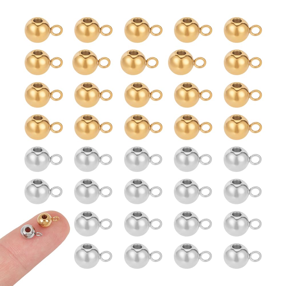 UNICRAFTALE 60pcs 2 Colors Rondelle Bail Beads Stainless Steel Hanger Links Golden & Stainless Steel Color Hanger Connector Links for Pendant European Jewelry Making, Hole 2mm