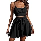 MakeMeChic Women's Two Piece Sets Sleeveless Shirred Crop Tops and Flare Belted Skirts Outfits