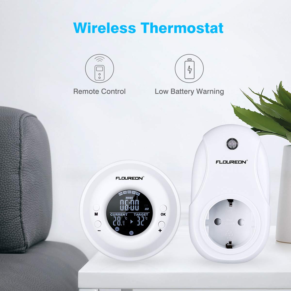 FLOUREON Termostato, Termostato per radiatore, Riscaldamento, Connettore RF, Regolatore di controllo della temperatura