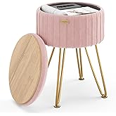 STORAGEBUD Round Ottoman with Storage, Pleated Velvet Storage Ottoman, Foot Stool Ottomans, Makeup Vanity Stool, Small Ottomans Foot Rest, Modern Vanity Stools for Living Room and Bedroom, Pink