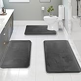 Clara Clark 3 Piece Bathroom Rugs Bath Mat Set, Velvet Memory Foam Bath Mats for Bathroom - Non-Slip, PVC Backing Bath Rugs, Washable - Dries Quickly, Grey