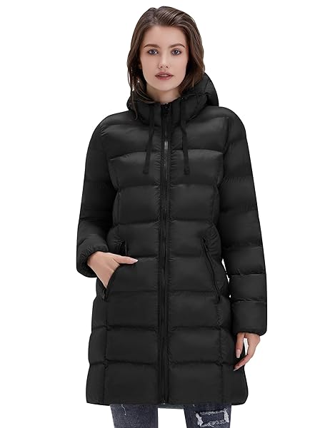 SLOWTOWN WOMEN’S PUFFER JACKET LIGHTWEIGHT HOODED PUFFY COAT MID-LENGTH WARM LONG PUFFER COAT (DEEP BLACK, X-LARGE)