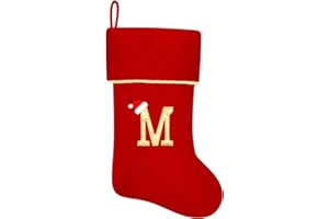 Subyan 20 Inches Initial Monogram Red Christmas Stocking, Personalized Large Embroidered Letter Velvet Christmas Stocking with Gold Trim Decoration for Family Christmas Holiday Party Decor(Letter M)