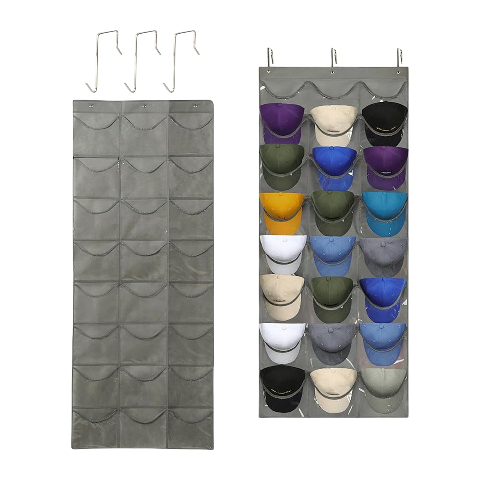 Desuibao 2 Pack Over the Door Hat Racks for Baseball Caps, 24 Clear Pockets Baseball Hat Rack for Door, Cap Rack Hat Organizer, Baseball Hat Holder Storage for Wall Closet Hanging, Gray
