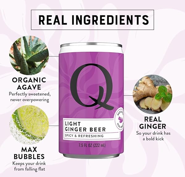 Q LIGHT GINGER BEER WITH REAL GINGER & ORGANIC AGAVE – IDEAL FOR COCKTAILS & MOCKTAILS – MADE WITH REAL INGREDIENTS, PERFECTLY CARBONATED, & LESS SWEET – 40 CALORIES PER CAN – 7.5 FL OZ (PACK OF 24)