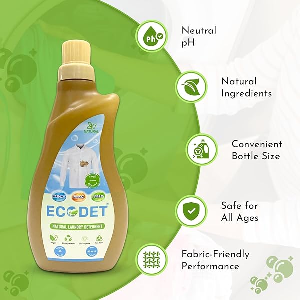 ECODET NATURAL LIQUID LAUNDRY DETERGENT | 40 OZ (PACK OF 1) | PLANT-BASED BIODEGRADABLE FORMULA | HE COMPATIBLE | ODOR & STAIN REMOVAL | ECO-FRIENDLY, SAFE FOR KIDS & PETS | SUSTAINABLE PACKAGING