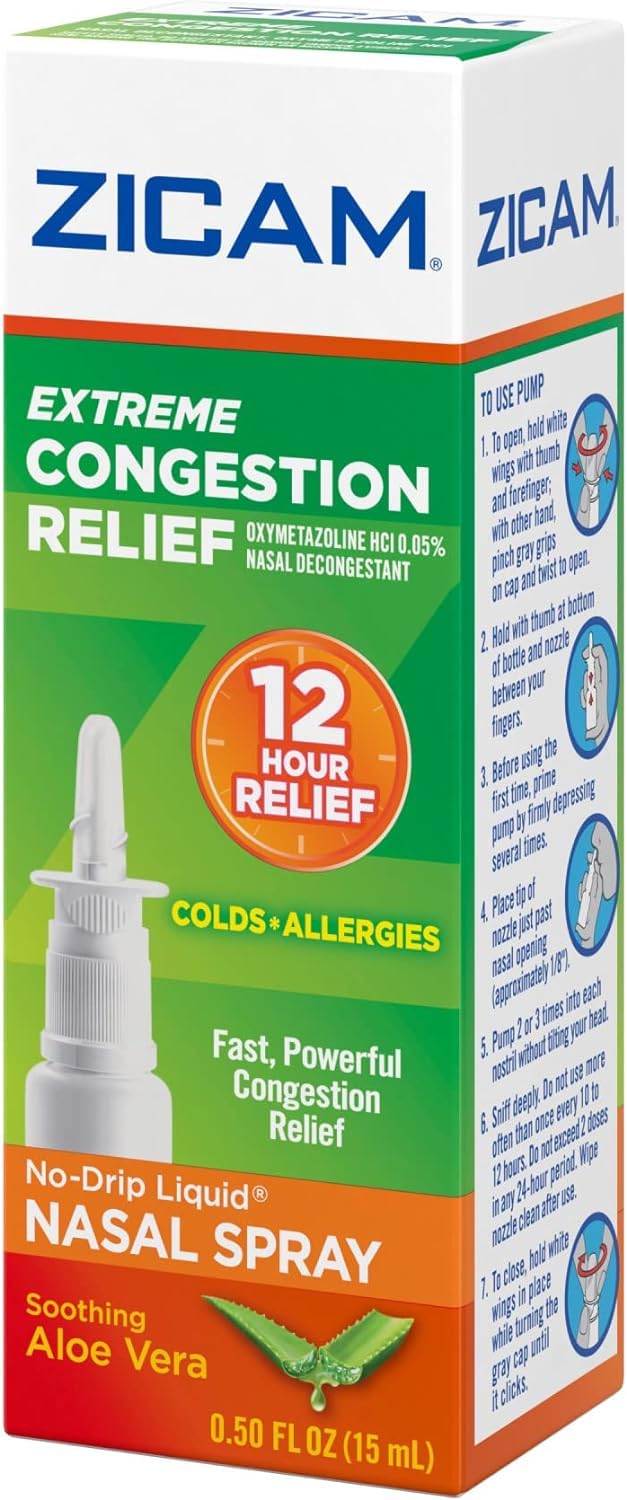 Zicam Extreme Congestion Relief Nasal Spray, 12 Hour Relief, No-Drip Liquid with Soothing Aloe Vera - 0.50 fl oz (Pack of 4)