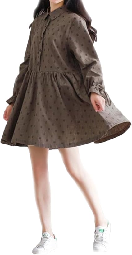 Amazon Co Jp Jiangwei レディース ワンピース 森ガール 花柄 襟 ネック シャツ 長袖 Aライン 膝丈 学園風 通勤 通学 Ol オフィス ワンピース 麻綿 丸襟 フレアスカート ナチュラル系 膝丈 大きいサイ かわいい 服 ファッション小物