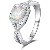 FANCIME October Birthstone Created Opal Rings Sterling Silver 4-Prong Halo White Fire Opal Cubic Zirconia Infinity Engagement Wedding Ring Fine Jewelry for Women Size 5,6,7,8,9