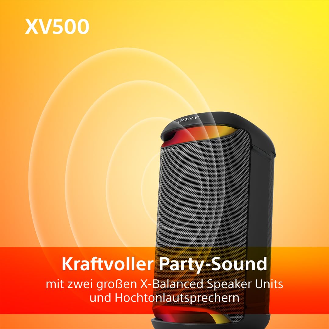 Sony SRS-XV500 - Kabelloser Bluetooth-Partylautsprecher mit kraftvollem Sound und MEGA BASS - 25 Stunden Akkulaufzeit, tragbar, LED-Beleuchtung, Party Connect, IPX4, Karaoke-Mikrofoneingänge - Schwarz 2