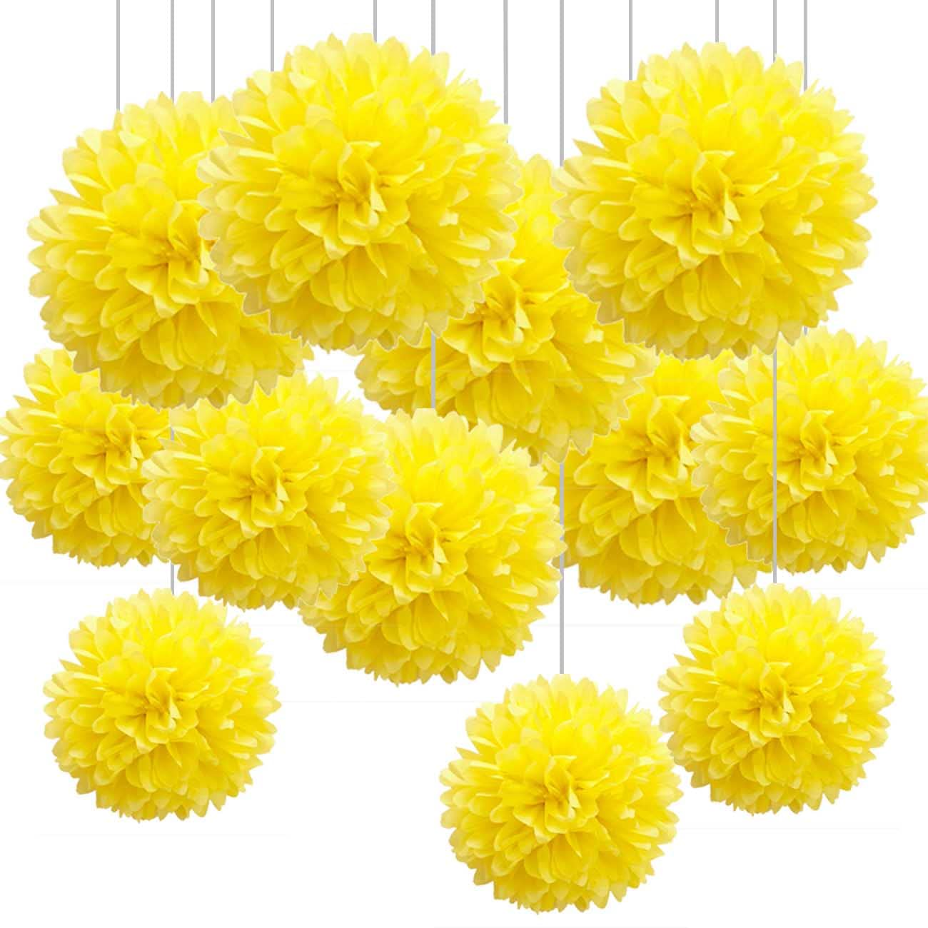 CC wonderland zone 12Pcs Yellow Hanging Tissue Paper Pom Poms Decorations for Party Ceiling Wall Tissue Flowers Decorations, 6Pcs of 12in & 6Pcs of 10in