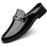 EGGDK Men's Patent Leather Slip-On Dress Mules Slippers Fashion Printing Comfort Round Toe Low Heel Open Backless Casual Clogs Loafers with Metal Buckle Decoration