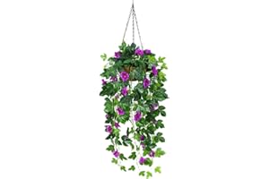 Mynse Set of Hanging Basket with Artifical Flower Fake Flowers for Home Room Party Wedding Decoration (Purple with Red)