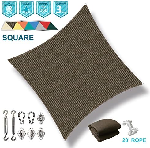 SoLGear 12' x 12' Square Brown Sun Shade Sail with Stainless Steel Hardware Kit for installation Turnbuckles Brackets Snap Hooks Included Perfect for Patio Outdoor Garden
