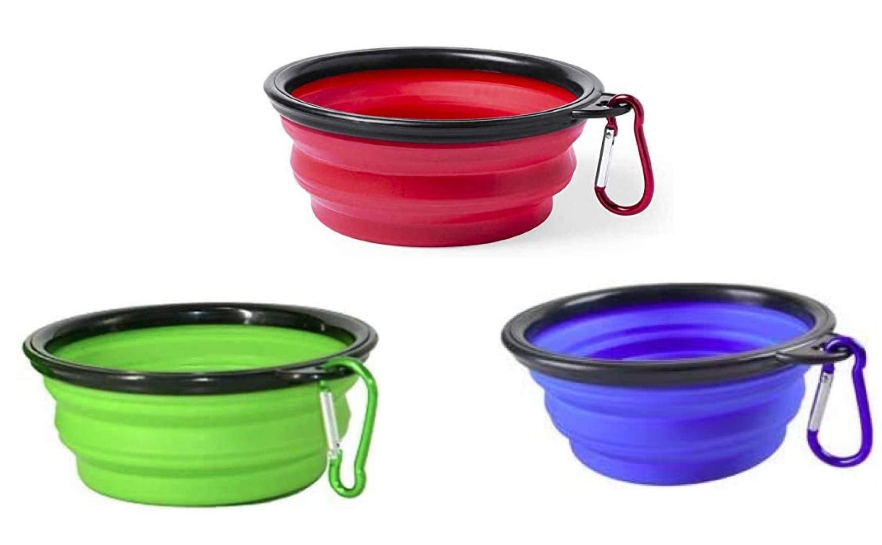 Folding Bowl for Dogs and Cats - Pet Feeder - Portable Travel Container - Portable Water Bowl with Metal Hook Easy to Carry - Feeder and Drinker (Blue, Red and Green)