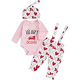 Douhoow Baby Girls Valentine's Day Outfits Heart Car Print Baby Romper Suspender Ovrall Pants With Headband