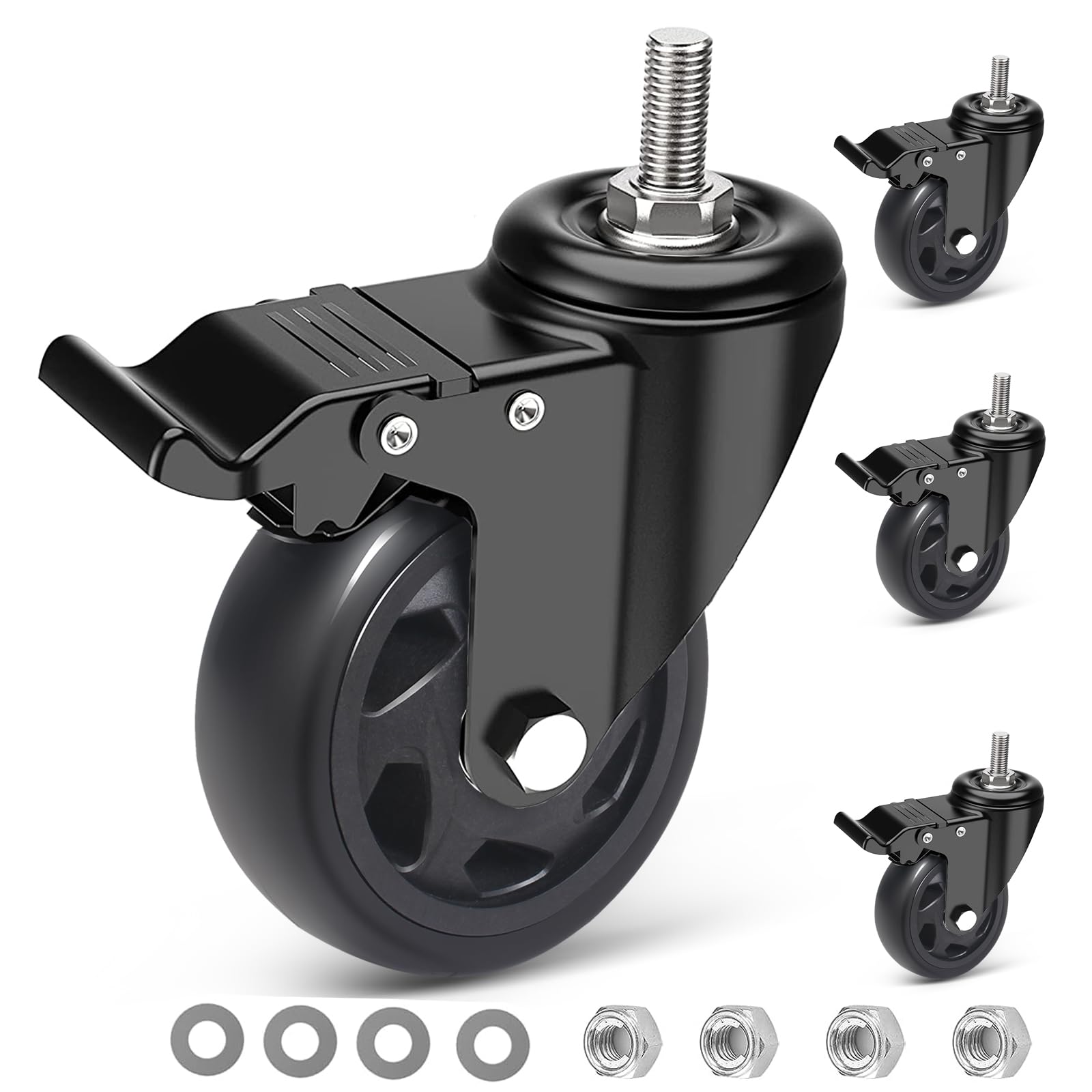 IQWTU Heavy Duty Castor with Brake, 100MM Furniture Castors with M10 X 30mm Screw Stem, PU Casters Trolley Wheels with Bolts, 4 Threaded Swivel Castors 360° Rotation up to 550KG